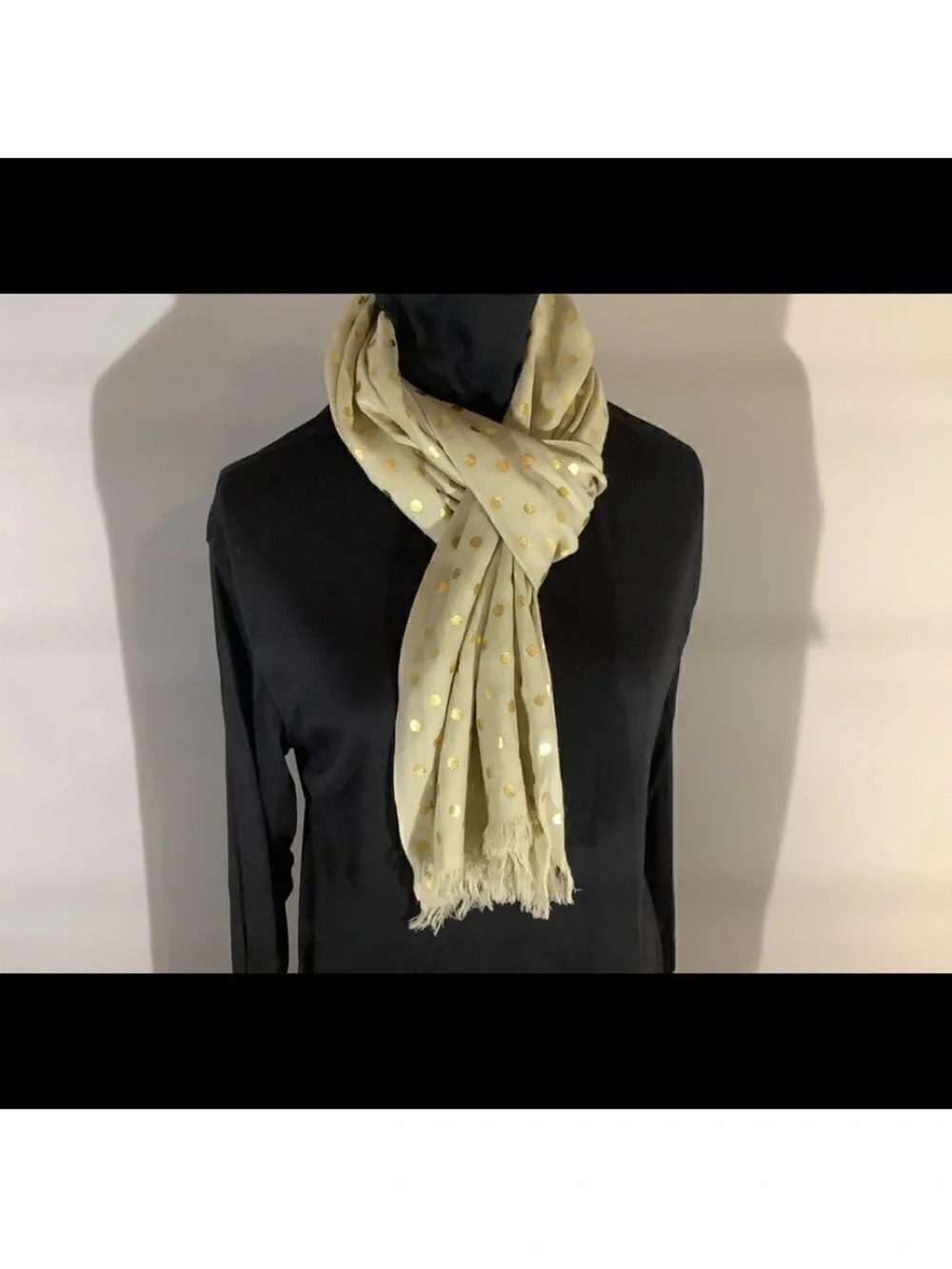 New JCrew 100% Wool Tan Scarf With Gold Polka Dots